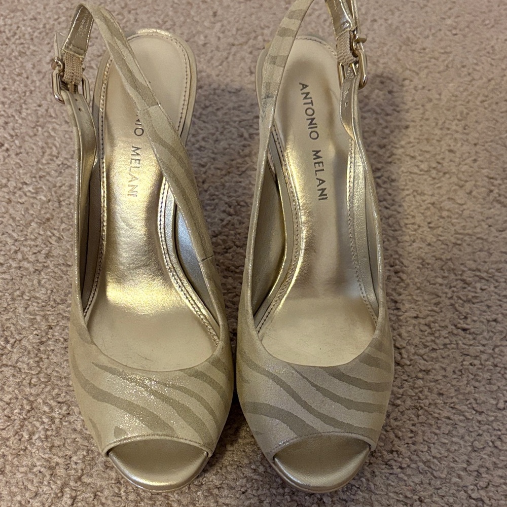 ANTONIO MELANI Gold Zebra-Print Slingback Peep-Toe Heels